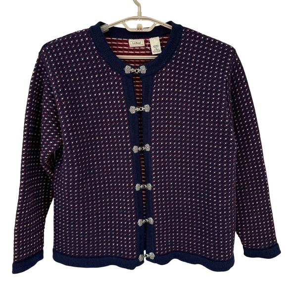 LL Bean Womens Birdseye Cardigan Sweater Jacket Metal Clasps Navy Size Large NEW - Picture 1 of 7
